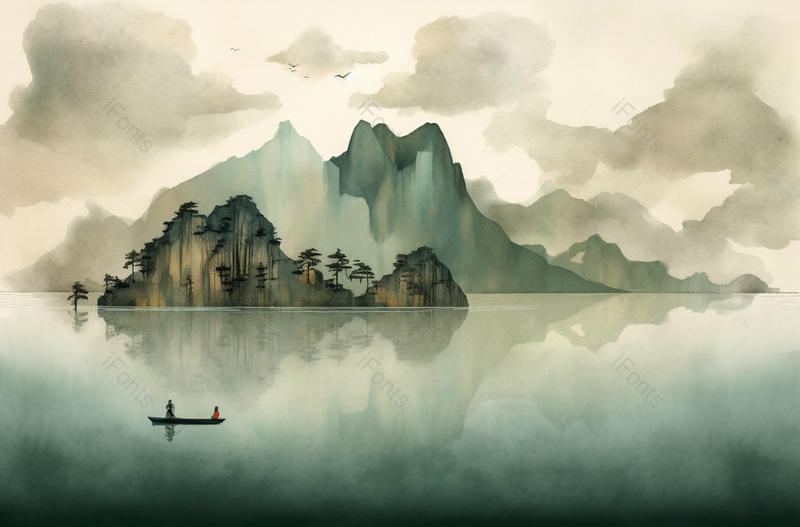 夫妻划船出游新中式古典水墨山水画背景,插画/手绘图,插画/手绘图库,插画/手绘图下载,插画/手绘